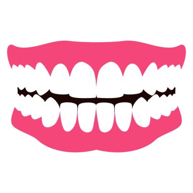 Gülümseyen bir ağızda beyaz dişlerin 2B düz tasarımı. Diş sağlığı eğitimi veya hijyen temalı içerik için ideal.