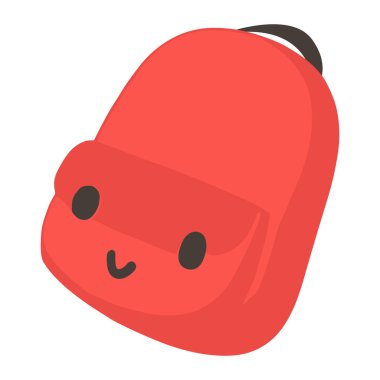 Kırmızı okul çantasının komik bir yüz tasarımı ile 2D çizimi. Erken eğitim görselleri için ideal.