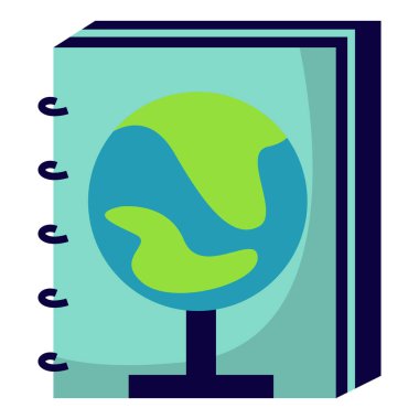 Dünya ikonlu bir coğrafya kitabının 2B çizimi. Eğitimsel ve küresel öğrenim görselleri için ideal.