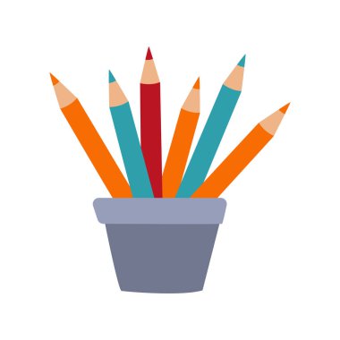 Renkli kalemleri olan gri bir kalem tutacağının 2D çizimi. Okul, sanat veya malzeme temaları için elverişli.