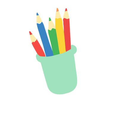 İçinde renkli kalemler olan bir kalem kutusunun 2D çizimi. Okul ve sanat temalı görseller için harika.