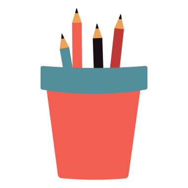 Renkli kalemlerle dolu kırmızı bir kalem kutusunun 2B görüntüsü. Okula dönüş ya da sınıf çizimleri için harika..