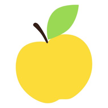 Yeşil yapraklı taze sarı bir elmanın 2D çizimi. Sağlık, gıda veya eğitimle ilgili görseller için uygundur.