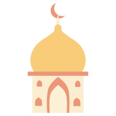 Ramazan ve Kurban temalı İslami mimariyi temsil eden, altın kubbe ve sıcak renklere sahip 2d cami.