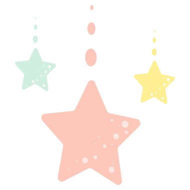 2D üçlü pastel yıldızlar pembe, yeşil ve sarı renkte asılı, Ramazan ve bayram temalarını temsil ediyor..