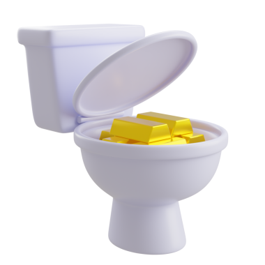 Bir klozetin içindeki altın külçelerinin 3D çizimi, finansal atıkları ve kötü yönetimi simgeliyor..