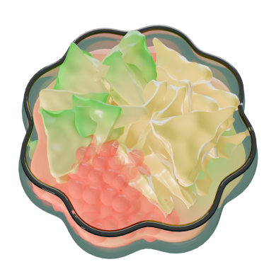 3D tropikal es teler tatlı tasarımı berrak cam bir kâse içinde, tazeliği ve egzotik tatları sembolize ediyor..