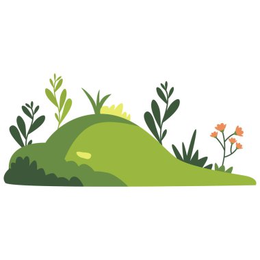 Yeşil çalılar ve kır çiçekleriyle kaplı 2D höyükler. Bahar ve kırsal bölgeler için harika..