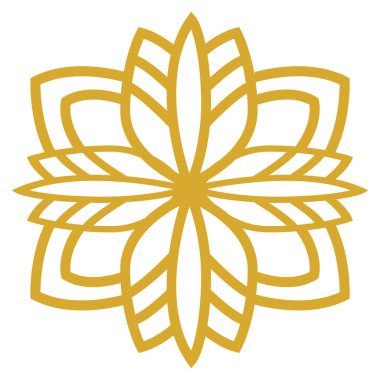 2D stilize edilmiş altın çiçek amblemi, dini, törensel veya süslü çiçek dekorasyonu bağlamlarına uyuyor..