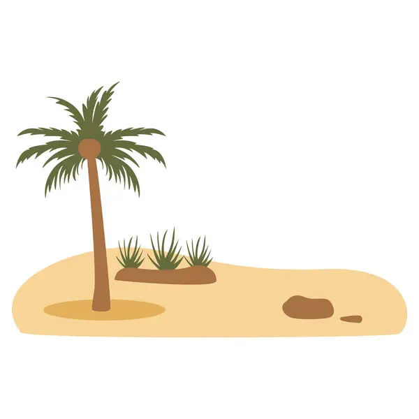 2D palmiye ağaçları ve kumlu zeminde küçük su gövdesi, bir vaha kenarını temsil ediyor, seyahat ve çöl manzarası için harika..