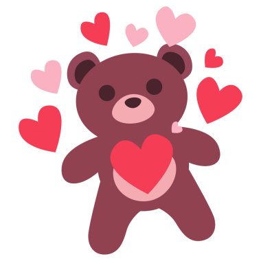 2D ayı küçük pembe kalplerle çevrili, sıcaklık ve sevgi saçıyor..