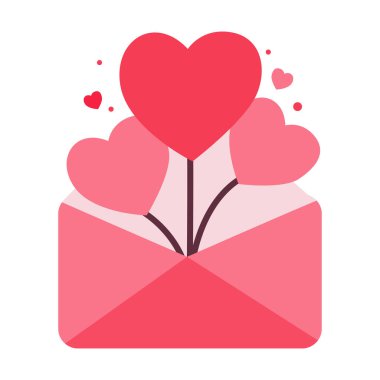  2D kırmızı zarf, içinden kalpler fışkırıyor, sevgi yayılıyor..