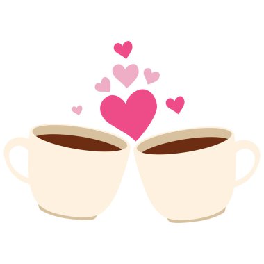 2D kahve bardakları yan yana yüzen kalplerle, çiftler için mükemmel..
