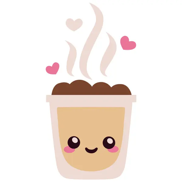 Sıcak buharlı 2D kapuçino ve sevimli mutlu bir yüz, samimi aşkı simgeliyor..