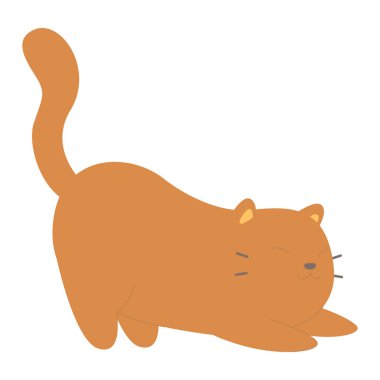 2d esneme pozu veren turuncu kedi, gözleri kapalı, uyanma tasarımları için harika, sabah rutinleri, ya da yoga temaları.