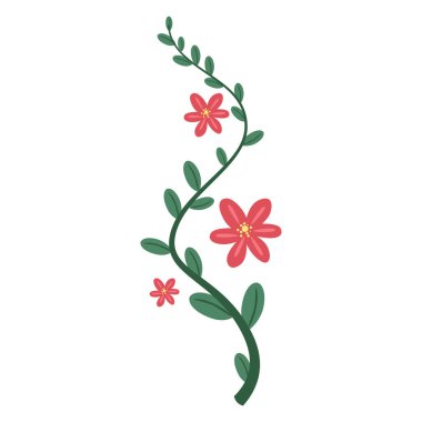 2d kıvrılmış saplı çiçek, kırmızı ve yeşil renkler, çocuklar ve bahar temaları için neşeli ve sevimli.