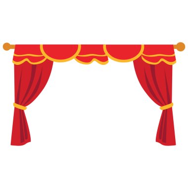 İki boyutlu kırmızı perdeler birbirlerine altın püsküllerle bakıyor. Sahne dekorları, tiyatro sahneleri ve iç tasvirler için ideal..