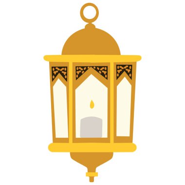 Dekoratif çerçeve tasarımlı 2D altın fener, Ramazan için zarif İslami süs, bayram kutlaması, kültürel etkinlikler ve festival gecesi ışıklandırması.