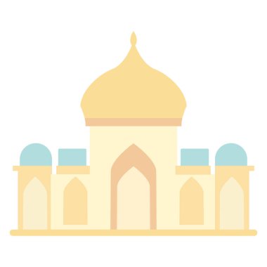 Zarif tasarımı olan 2D altın kubbe camisi, Ramazan için İslam dini binası, bayram kutlaması, kutsal dua etkinlikleri, kültür ve şenlikli dekorasyonlar..