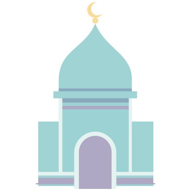 Mor giriş kapısı olan 2D yeşil kubbe camisi, Ramazan için zarif İslami mimari tasarımı, bayram kutlaması, kültür, bayram ve dekoratif süs..