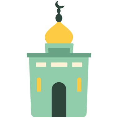 2D yeşil kubbe cami tasarımı, Ramazan için zarif İslami minare, bayram bayramı, kutsal dua, din, kültür festivali ve kutsal kutlama..