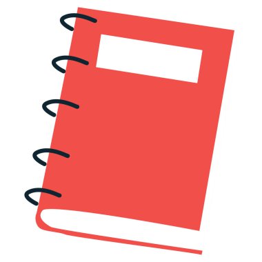 2d kırmızı defter tasarımı, okul desteği, ofis ögesi, kağıt nesnesi, yazma aracı, eğitim teması, çalışma ögesi ve basit biçim.