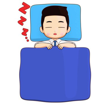 3D okul üniformalı bir çocuk mavi yatakta uyuyor, dinlenmek için poz veriyor, çocuklar, yatma zamanı, gece, okul, şirin rüya konsepti.