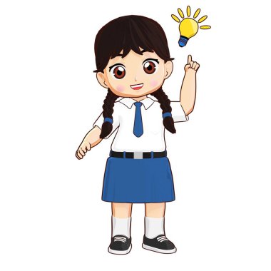 3D üniformalı kız öğrenci ampul fikriyle el kaldırıyor, çocuklar için sevimli karakter pozu, eğitim, öğrenme, akıllı çalışma, okul konsepti