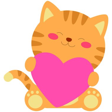 2d pembe kalp taşıyan sevimli kedi, sevimli çizgi film tarzı, dekorasyon için yumuşak renk tasarımı öğesi, şablon, çıkartma, ya da oyuncu tema.