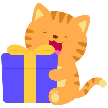 2d hediye kutusu olan sevimli bir kedi, tapılası bir stil, yumuşak pastel çizgi film tasarımı, şablon, selamlama veya çıkartma teması için eğlenceli dekorasyon.