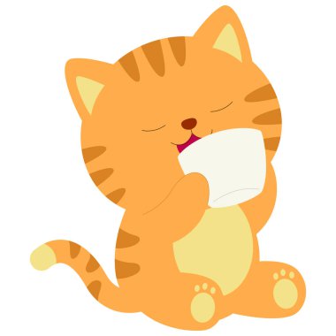 2d tatlı kedi fincandan içiyor, yumuşak çizgi film hayvan tasarımı, sevimli oyuncu element, şablon, çıkartma veya samimi tema için retro stil dekorasyonu.