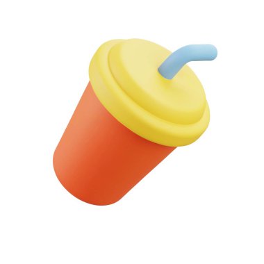 3d tilted drink cup with yellow lid and straw, designed for dynamic celebration visuals, playful refreshment themes, and party assets.