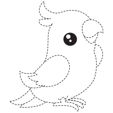 2D cute cockatiel tracing standing, fun cartoon doodle sketch for kids, playful bird drawing, simple outline, easy coloring art, sweet animal style.