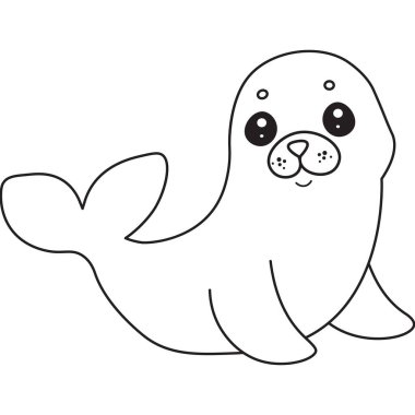 2D, sakin, gülümseyen fok çizimi, çocuklar için sevimli hayvan çizimi, komik çizgi film çizimi, kolay boyama sanatı, oyuncu tasarım, basit karalama tarzı..