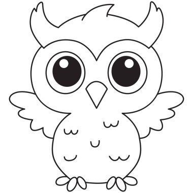 2D cheerful baby owl outline, cute bird drawing for kids, fun cartoon sketch design, playful animal doodle, easy coloring, simple art style.