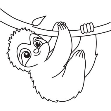 Ağaç dalında asılı duran 2D tembel hayvan ana hatları, çocuk boyama, çizim aktiviteleri, öğrenme pratiği, eğlence ve sevimli çizgi film tarzı için mükemmel tasarım..