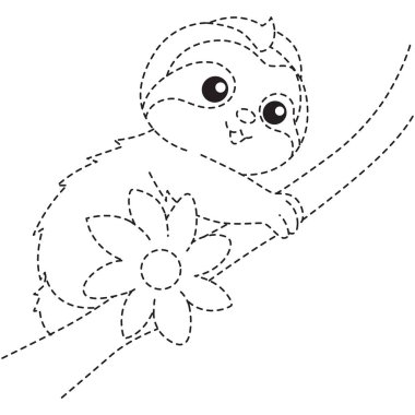 2D yavaş lori tırmanışı, çocuk boyama sayfaları için eğlenceli ve sevimli tasarım, çizim aktiviteleri, basit sanat tarzı.