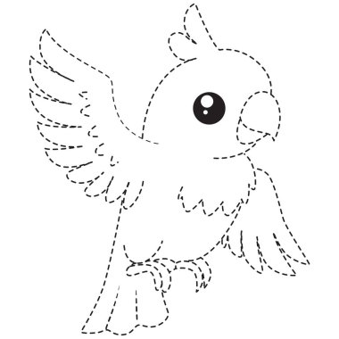 Kanatları açık uçan papağanların izini sürmek, çocukların boyama, çizim pratiği, eğlence aktiviteleri, basit ve kolay sanat eserleri için sevimli çizgi film kuşu..