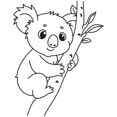 2D koala, ağaç gövdesine sarılma, çocuk boyama sayfaları için sevimli hayvan tasarımı, çizim pratiği, eğlenceli öğrenme aktivitesi, basit karikatür çizimi..