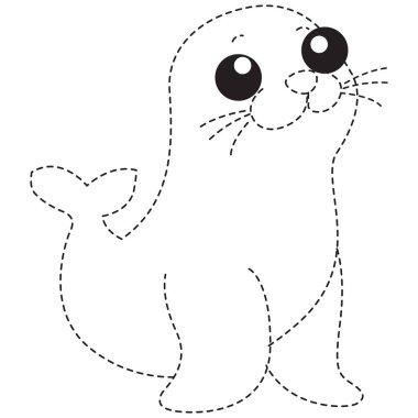 2D bebek fok izi sürme, mutlu yüzlü poz, çocuklar için mükemmel boyama ve çizim aktiviteleri, sevimli deniz karikatürleri, eğlenceli çocuk tarzı.