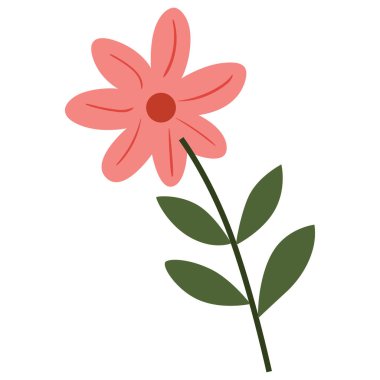 2D pembe çiçek kırmızı merkezli ve koyu yeşil yapraklı tasarım, eko sanatı, dekorasyon, bahçe projeleri ve yaratıcı bahar grafikleri için çiçek stili.