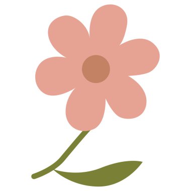 2d pink blossom with five rounded petals and green stem design, charming floral style for eco decoration, creative art, spring, and simple graphics.