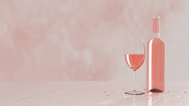 Bir şişe gül şarabı, mermer masanın üzerinde, dağınık yapraklı, etiketsiz, kopyalama alanı