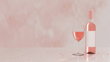 Bir bardak ve bir şişe gül şarabı, mermer masanın üzerinde, dağınık yapraklar, sade maket etiketi ve kopyalama alanı ile.