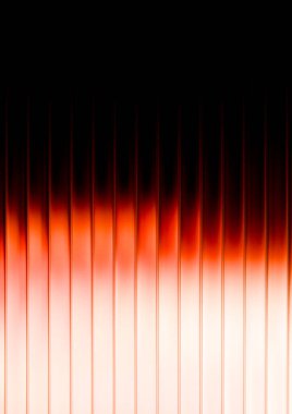 Kırmızı ve turuncu şekilli soyut tasarım siyah zemin üzerinde gradyan çizgiler oluşturuyor. Modern dijital tasarım değeri