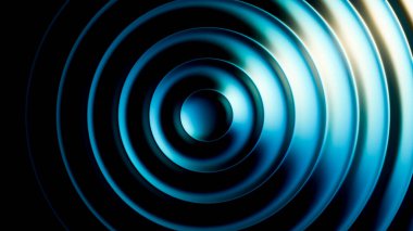 Yuvarlak cam şekilli, gök mavisi ışıklı soyut tasarım siyah zemin üzerinde gradyan çizgiler yaratıyor. Modern dijital tasarım değeri