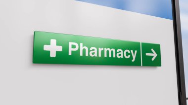 Hastane koridorunda haçlı ve oklu yeşil eczane işareti.