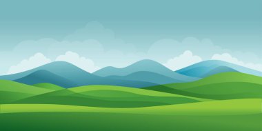 Vadi manzarası. Çizgi film çayırı manzarası. Mavi gökyüzü. Yaz günü. Yeşil tepeler arka plan, boş çayır. Vektör illüstrasyonu