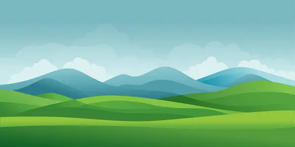 Vadi manzarası. Çizgi film çayırı manzarası. Mavi gökyüzü. Yaz günü. Yeşil tepeler arka plan, boş çayır. Vektör illüstrasyonu
