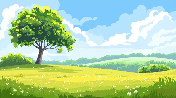 Güneşli yaz manzarası, tek ağaçlı bir tarla, gökyüzü. Vektör illüstrasyonu.